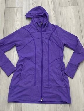 Athleta Rishi Hooded Jacket Womens 1x Purple Long Sleeve Full Zip Ruched Pockets